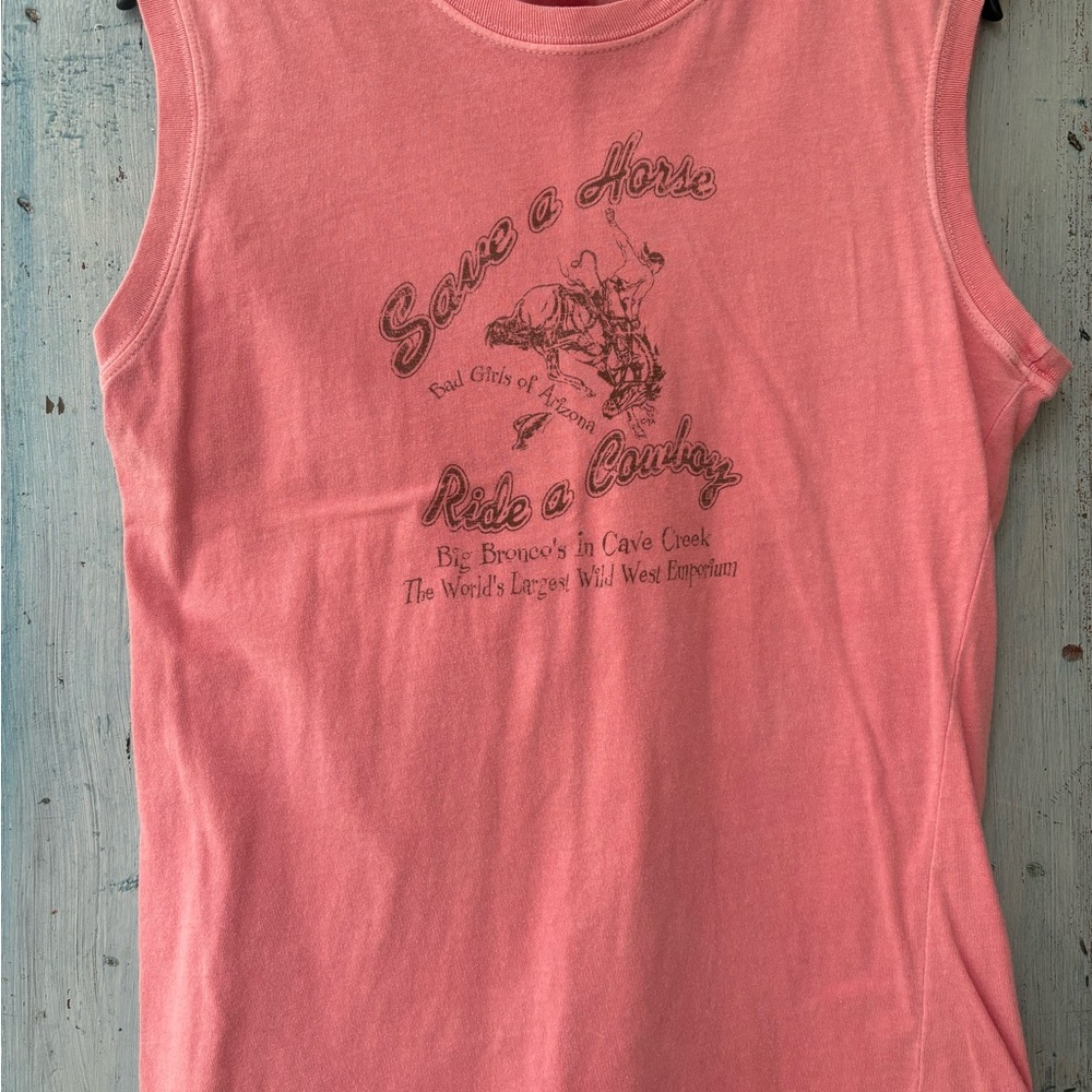 “Save a horse, ride a cowboy” Pink/Peach Graphic Tee with Western Print - Picture 7 of 8